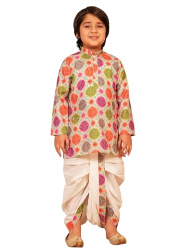 Image of AJ DEZINES Kids Cotton Printed Dhoti Kurta Set For Boys | Fashionable Bandhani Print Kurta | Stylish Boys Kurta Set | Perfect For Festivals Wedding & Family Function Wear