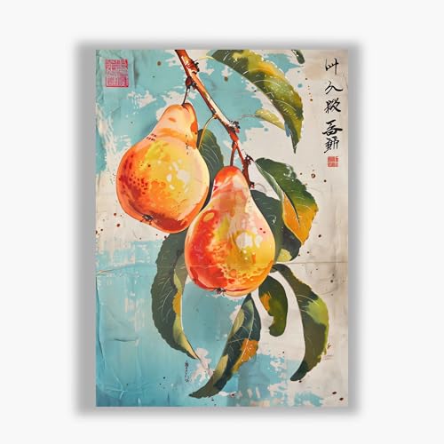 Poires sur aqua tableau rétro aquarelle avec écriture japonaise grand format - 2
