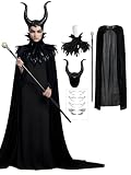 CFGPMM 5 PCS Witch Costume for Women, Adult Evil Queen Halloween Cosplay Gothic Witch with Horns Feather Shawl Wand Sticker