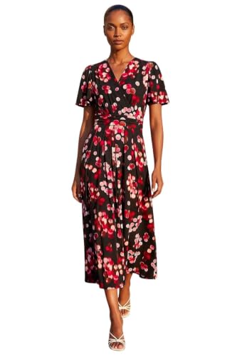 Image of Roman Fit and Flare Dress for Women Ladies Chest Twist Knot Ruched Tea Skater Empire Waist Wedding Guest Smart Casual Swing Midi 3/4 Long Sleeve Knee Length - Spot Red - Size 10