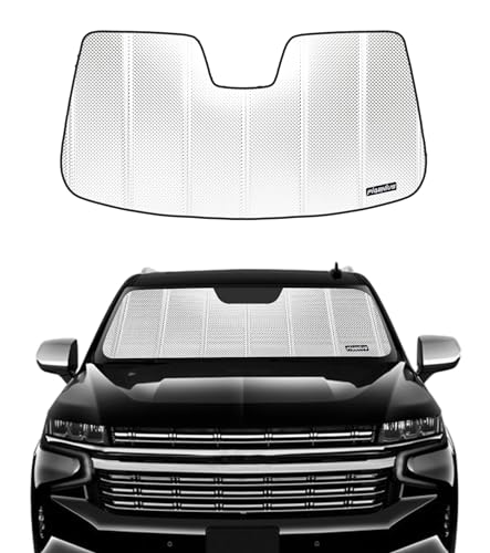 Pigenius Windshield Sun Shade for Chevy Tahoe Suburban 2021-2024, GMC Yukon/Yukon XL 2021-2024, Cadillac Escalade/Escalade ESV 2021-2024, Reflective Aluminum Film Front Window Sunshade - BLAZBLOCK