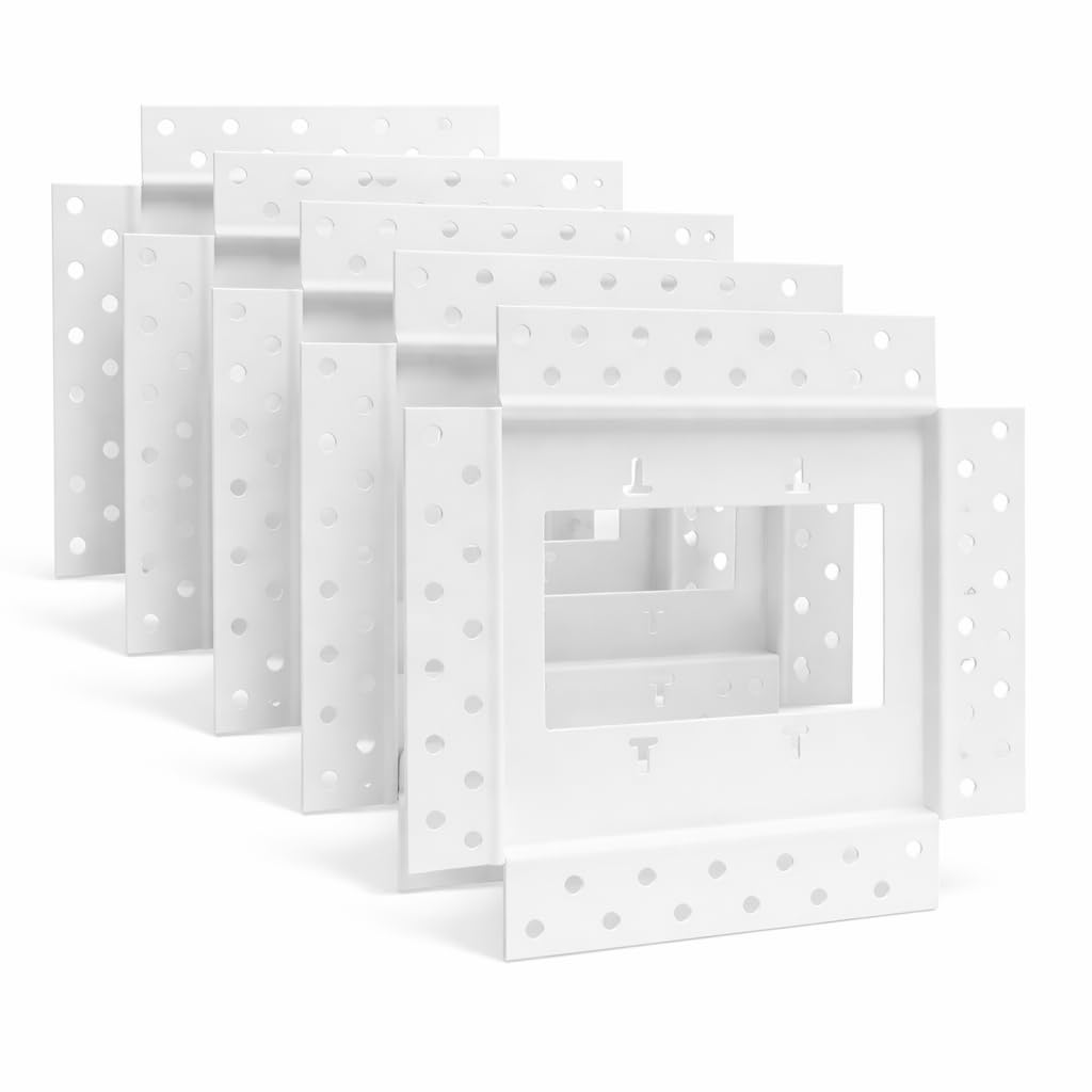 2 Gang Trimless recessed plaster-in receptacle frame mount, Rolled steel satin white powder coat finish, Ultra modern seamless look. Upgrade your space! (5 Pack)