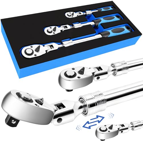 DikTalk 3-Piece Extendable Ratchet Set with 180-Degree Flex Head, 1/4" 3/8" 1/2" Drive, 72-Tooth Quick-Release Reversible Socket Wrench Set, Chrome Vanadium Steel with Storage Tray