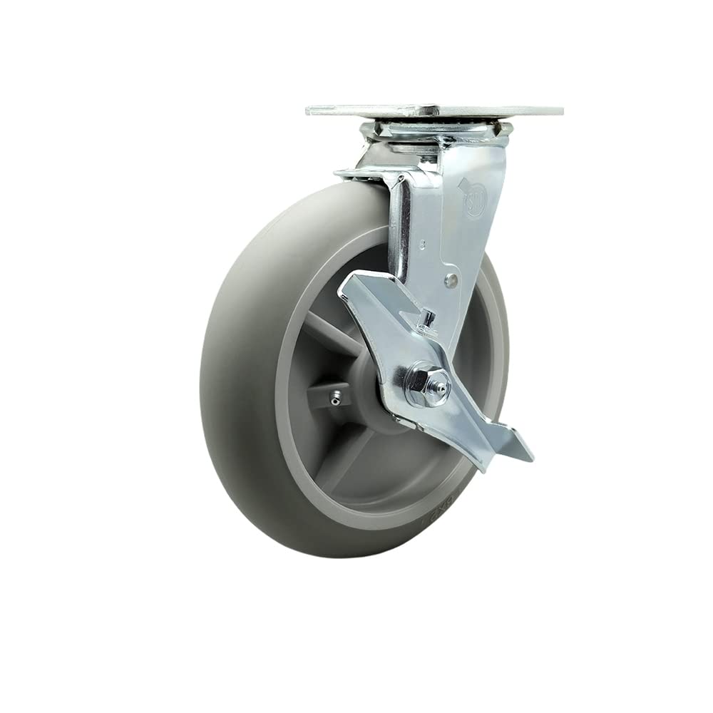 Lavex Lodging 274HKLGDRWH Housekeeping Cart Swivel Caster with Brake - 8 Inch Gray Non-Marking Thermoplastic Rubber Wheel - Maintenance Free Replacement Caster - Service Caster Brand