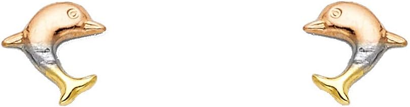 14k REAL Tri Color Gold Dolphin Stud Earrings with Screw Back