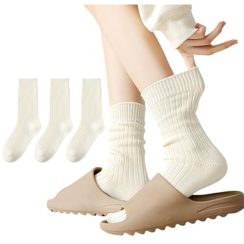 Image of Gellwhu Crew Socks for Women Cute Fall Thick Knit Cotton Boot Socks Long Slouch Socks Gifts Clean Girl Aesthetic (US, Numeric, 4, 10, Regular, Regular, 3 Pairs White)