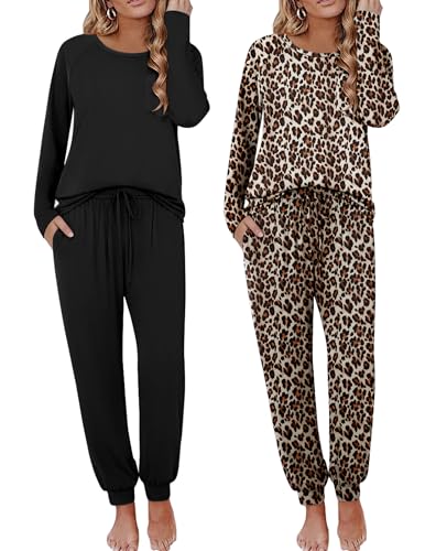 Image of Ekouaer 2 Pack Womens Pajama Sets Long Sleeve Pjs Soft Comfy Lounge Set