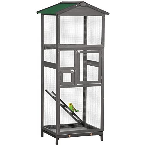 PawHut Cage à Oiseaux Grande Taille en Bois Massif, volière avec Toit en Asphalte, 2 Portes et tiroir Amovible, 68 x 63 x 165 cm, Gris