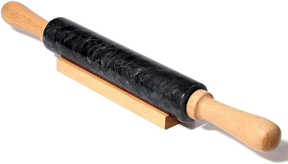 18" Large Natural Marble Rolling Pin with Wooden Handle and Cradle (grey/black) Kitchen Tool