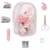 Christmas Gifts 7pcs Mini Stationary Kit with Compact Scissors Hole Punch Portable Stapler Mini School Supplies Kit Pink Stapler and Tape Dispenser Set for Students (Pink)
