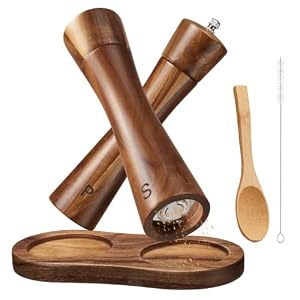 Salt and Pepper Grinder Set, Wooden Salt and Pepper Mills with Adjustable Ceramic Grinder, 2 Piece Set Easy to Use and Refill for Kitchen Cooking, Outdoor Picnics and Camping