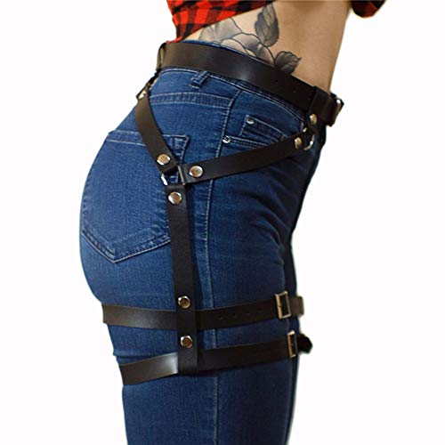 Newfancy Women's Pu Leather Leg Garter Caged Body Harness Belt Adjustable Punk Waist Belt Festival Rave Costume, Black A, One Size #TOP3