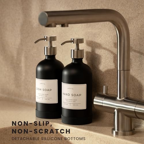 Image of Hand and Dish Soap Dispenser for Kitchen and Bathroom, Set of 2 16 Oz Glass Bottles, Stainless Steel Pumps, Non-Slip Silicone Base, 27 Waterproof Labels (Matte Black Bottle /Brushed Silver Pump)