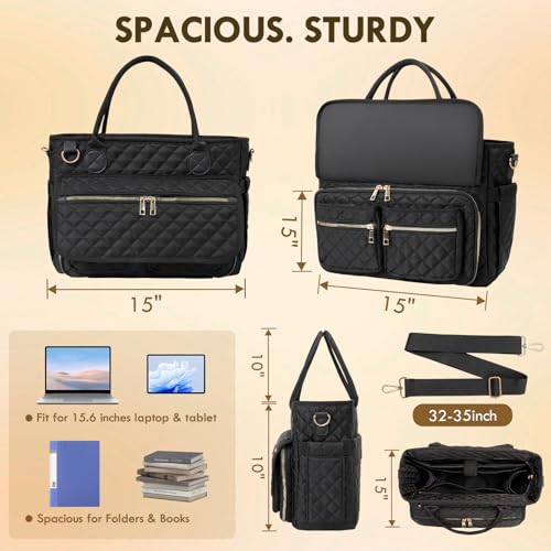 Teacher Tote Bag 15.6 Inch, Large Work Tote Bag With Laptop Compartments, Quilted Women Messenger Bag With Shoulder Strap for Office/Travel/School/Nursing Supplies Organizer,Black2
