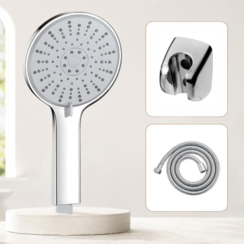 Image of Amazon Basics 5 Function Hand Shower for Bath with 1m Tube & Wall Hook | Anti-Clog Silicone Nozzels with High Pressure | Handshower for Bathroom | Silver- Full Set