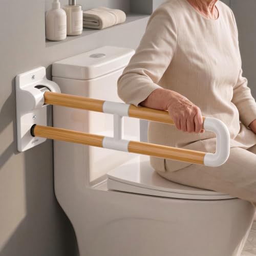 Image of Plantex Resin Grab Bar for Toilet with Grip /24 inch Anti-Slip Handle for Bathroom Support - Pack of 1 (White & Wood)