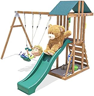 Dunster House Climbing Frame Pressure Treated Wooden Wave Slide Swing Set Playhouse JuniorFort Tower