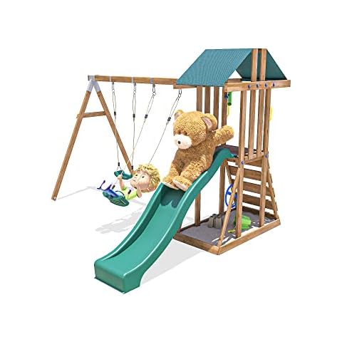 Dunster House Climbing Frame Pressure Treated Wooden Wave Slide Swing Set Playhouse JuniorFort Tower Cover