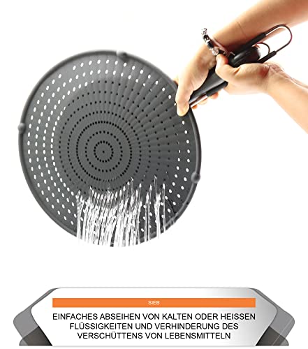 Spritzschutz für Pfannen 33 cm aus Silikon mit Edelstahlgriff