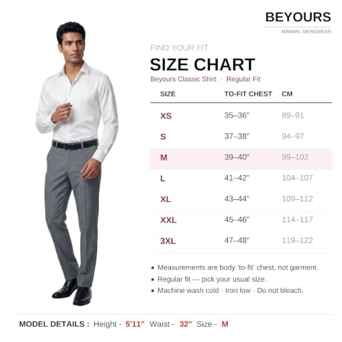Image of BEYOURS Men's Full Sleeve Shirt Regular Fit Spread Collar 100% Cotton Satin Office & Formal.