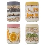 GLATABAM 16 OZ 4Pack, Overnight Oats Jars with Lids, Glass Meal Prep Containers, Airtight Mason Jars for Breakfast, Yogurt Parfait, Salad & Smoothies, Leakproof and Reusable Food Storage Jars(4-2)
