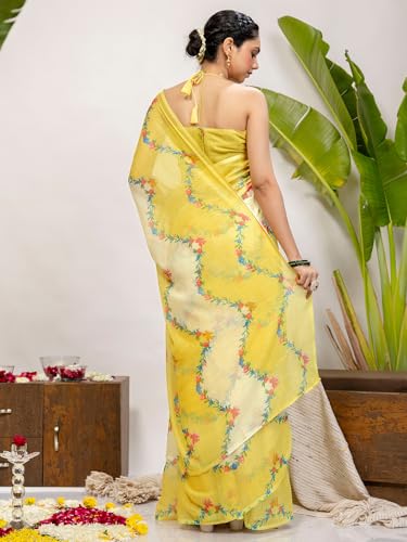 Image of SIRIL Women's Cotton Linen Printed Saree With Unstitched Blouse Piece