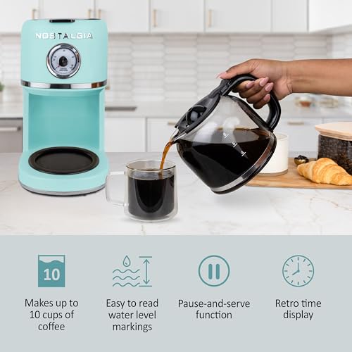 Nostalgia Classic Retro 10 Cup Coffee Maker - One-Touch Drip Brew, Reusable Filter - Anti-Drip, Auto Shutoff, & Time Display - Dishwasher Safe 50 oz Carafe - Aqua by Nostalgia - Image 4