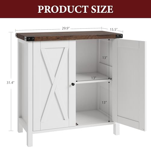 GarveeHome Small Storage Cabinet, Farmhouse Sideboard Buffet Cabinet with 2 Doors and Adjustable Shelves, Accent Entryway Console Cabinets for Living Room, Dining Room (White+Brown Top, 2 Pieces)