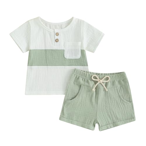 Image of Kupretty Baby Boy Summer Clothes Toddler Outfit Linen Short Sleeve Button T-Shirt Tees + Shorts Infant Clothing Set