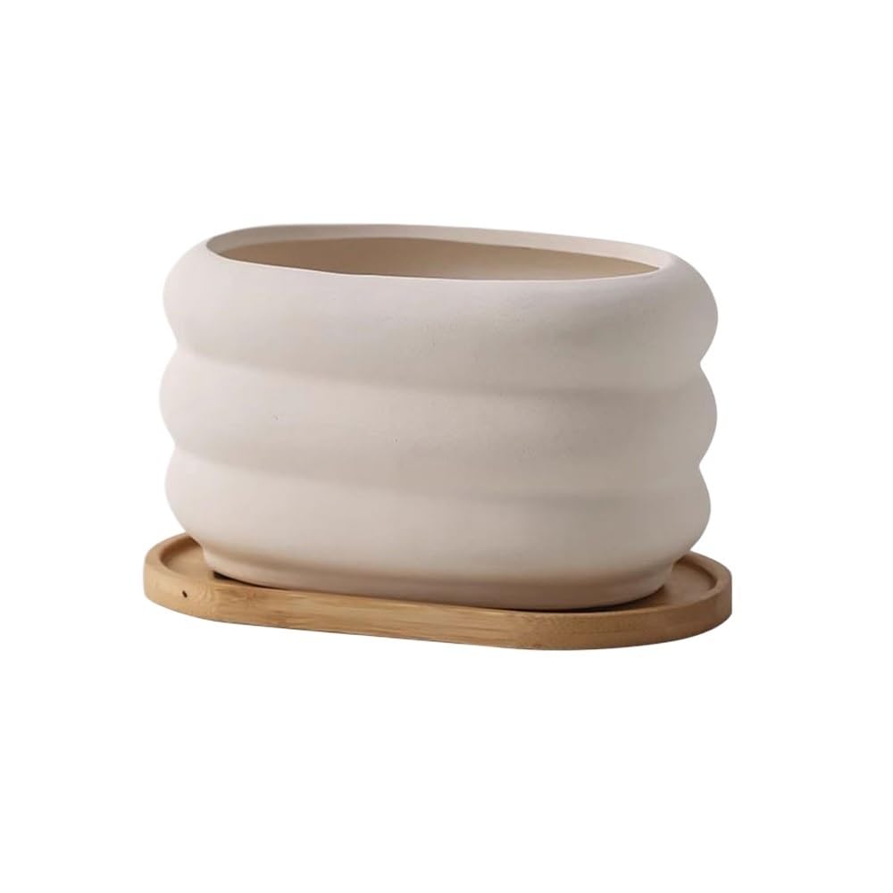 Pq7hKv2wD Indoor Plant Pots Rectangles Horizontal Stripe Rough Pottery Plant Pot, with Bamboo Saucers Trays and Drainage Hole Flower, for Living Room Bedroom Windowsill Garden Planters