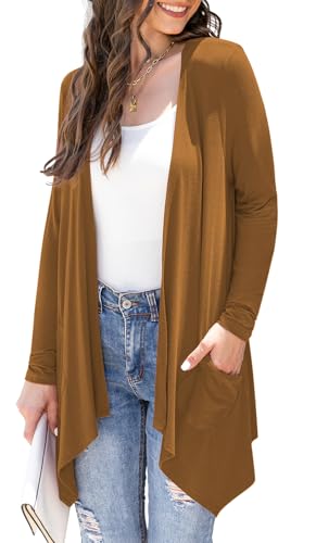 Veryoung Plus Size Cardigan for Women Light Loose Fit Long Sleeve Kimono Cardigans Knit Open Front Jacket Duster with Pockets High Low Hem,Brown,XL
