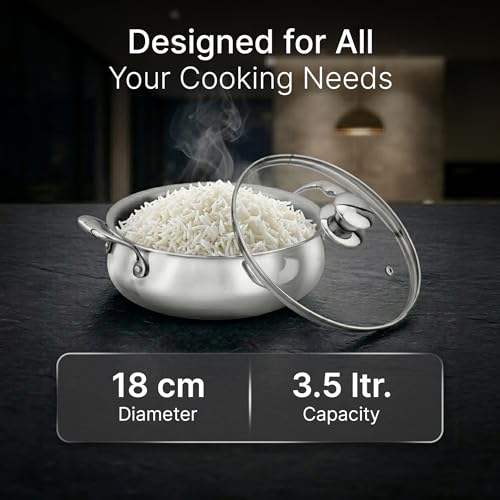 Image of AGARO Regency 3.5 L Triply Stainless Steel Handi with Glass Lid, Tri-Ply Induction & Gas Compatible, Even Heat Distribution, Non-Toxic Steel Cookware, Biryani Pot for Rice, Curry & Daily Cooking