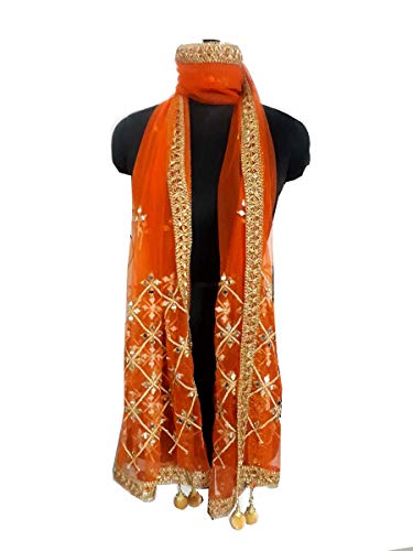 Indian Bollywood Mirror Work Net Dupatta Scarf,Shwal,Chunni Lastest Wedding Women Dupatta Stole,Wraps Orange Net Dupatta With Gold Latkan2