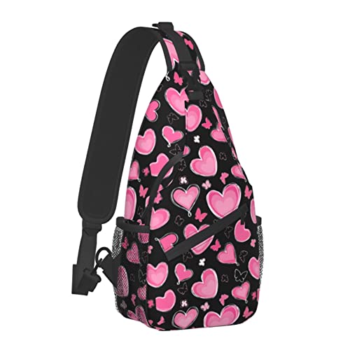 Heisin Pink Hearts Shoulder Chest Casual Bags Crossbody Sling Backpack With Adjustable Strap Daypack For Men And Women Travel Hiking Climbing Rucksack #TOP12