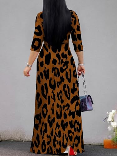Image of Women Plus Size Long Sleeve V Neck Maxi Dress with Belt | Soft fabric relaxed fit three quarter sleeve v neck with pockets for party and daily wear