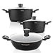 FLORINA Bono Batería Cocina Inducción, Set Cazuelas 20-24cm Altas - 28cm Baja Aluminio, Fondo FULL INDUCTION, Tapas de Cristal, Antiadherente Ecológico Mármol sin PFOA, Cocina Vitrocerámica, Gas