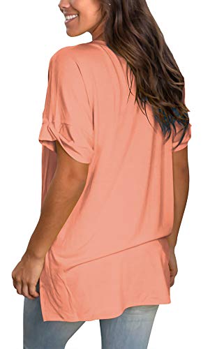 Image of SAMPEEL Women's V Neck T Shirts Casual Rolled Short Sleeve Side Split Summer Tops Loose Fit