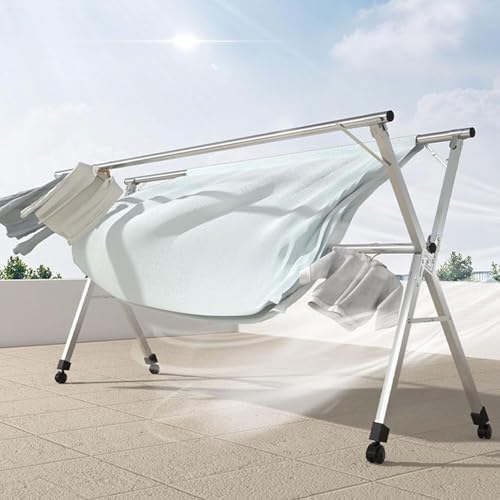 Clothes Drying Rack with Adjustable Height & Length, Folding Clothesline Stand Wheels, Extendable Balcony Airer for Towels(240cm)