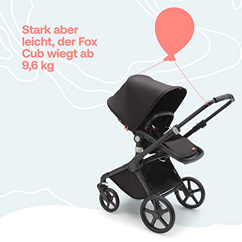 Bugaboo Fox Cub Kinderwagen für jedes Gelände, leichter und stabiler Kinderwagen, strapazierfähiges Design und extragroßes Sonnendach, einteilig und selbststehend faltbar, Schwarz