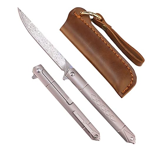 Samior GD035 Small Slim Folding Pocket Flipper Knife, 3.5 inches VG10 Damascus Tanto Blade, Slender Grey Titanium Handle Frame Lock Pocket Clip, Sleek EDC Low Profile Gentleman's Pen Knives