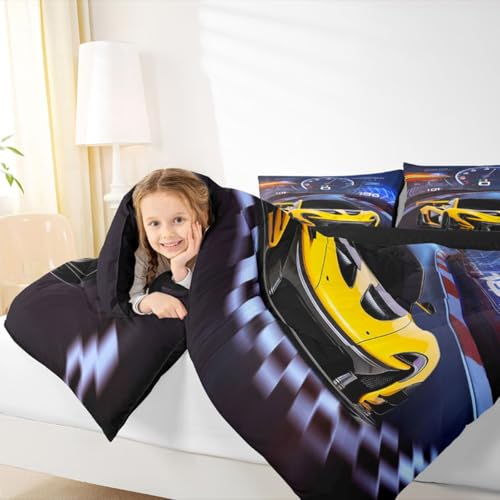 Image of Feelyou Blue Yellow Sports Car Bedding Set Race Car Comforter Set Toddler Size for Kids Boys Extreme Sports Comforter Fast Speed Car Sports Inner Fill Duvet Set 1 Comforter Set with 1 Pillowcase