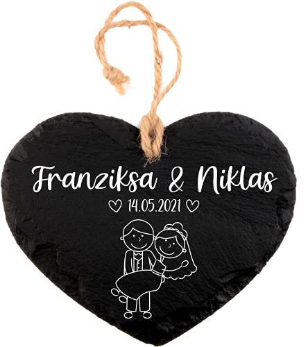 Pokal Center Westerheider Hochzeitsgeschenk Herz aus Schiefer mit personalisierter Gravur und Kordel, Schieferherz mit Namen und Datum Brautpaar, 12 x 15 cm, Geschenk für Hochzeit Jahrestag Verlobung Cover
