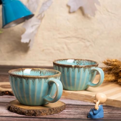 Image of Premium Handcrafted Ceramic Tea & Coffee Cup | Sky Blue Drip Glaze Mug with Handle | Reactive Glaze Finish | Ideal for Tea, Coffee & Hot Beverages | Gift Ready (Set of 2)