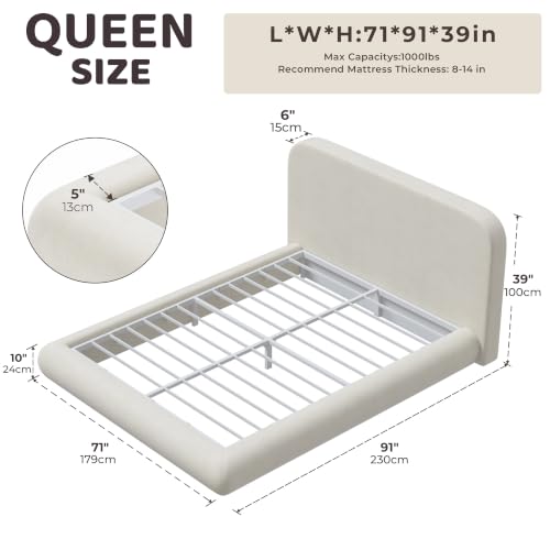 Image of RECCI Airframe Bread Queen Curved Cloud Platform Bed Frame | Fully Cushioned Foam Arched Panels and Soft Rounded Headboard, Easy to Assembly, Beige Chenille Fabric for Aesthetic Bedrooms