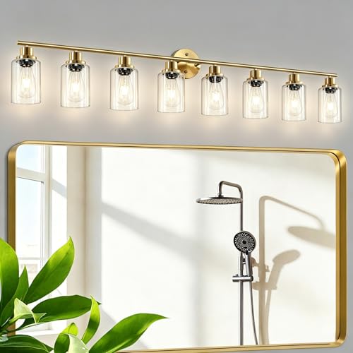 Image of 8-Light Brushed Gold Vanity Lights for Bathroom, Lighting Fixtures Over Mirror with Clear Glass Shade, Modern Kitchen Light Fixtures Wall Lamps Sconce Light - E26 Base