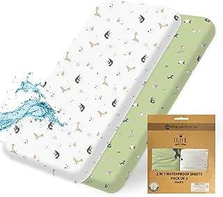Lilly B. Organic Cotton GOTS 2in1 Pack of 2 Waterproof Fitted Sheets, Used Instead of Waterproof Mattress Protector Compatible with, Next2me, and All Bedside Cribs, Bassinets up to 90x55cm (Jungle)