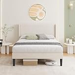 Vesgantti Velvet Single Bed Frame with Adjustable Wing Edge Headboard, Solid Wooden Slats & Upholstered Platform, Easy Assembly, Under Bed Storage, 3FT Single Bed, 90 x 190 cm, Cream