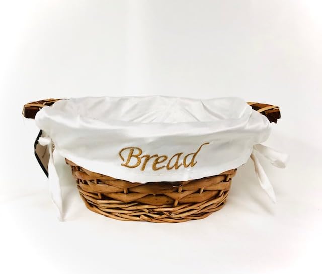 Chattels Round Bread Serving Table Basket with wooden handles and Washable Lining with the wording BREAD Embroidered