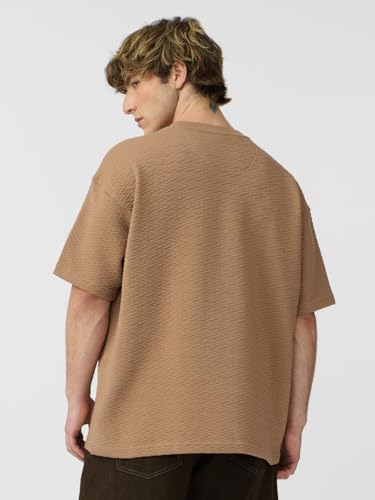 Image of The Souled Store Textured T-Shirt: Men and Boys Short Sleeves Round Neck Solid Cotton Blend Oversized T-Shirts