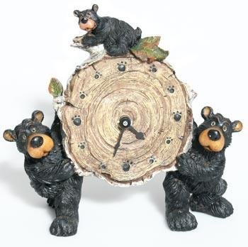 Willie Black Bear with Cub Holding a Birch Log Clock 8